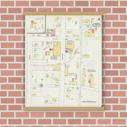 Old map wall art mockup — magnetic wood frame on brick wall — Sanborn Fire Insurance Map from High Point, Guilford County, North Carolina (1896), Sheet #0004