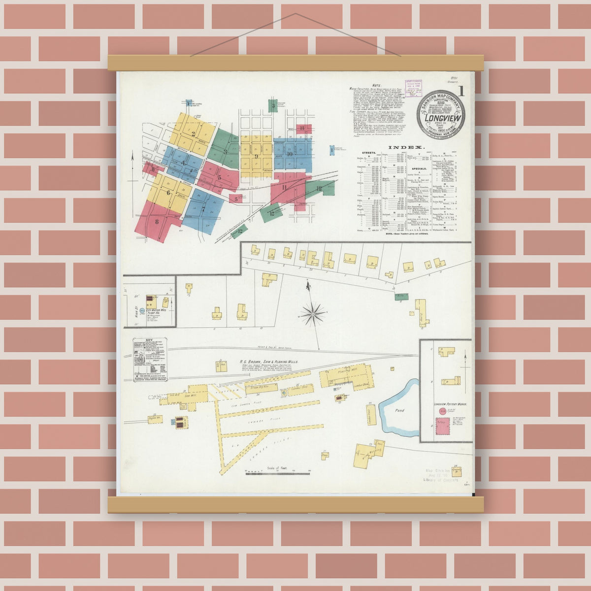 Old map wall art mockup — magnetic wood frame on brick wall — Sanborn Fire Insurance Map from Longview, Gregg County, Texas (1906), Sheet #0001