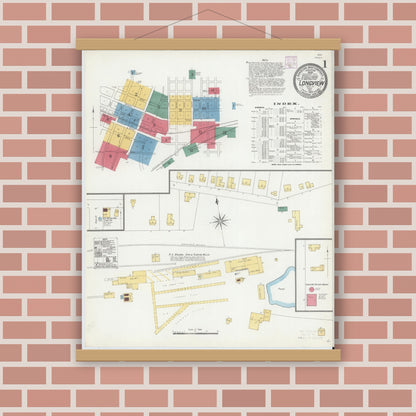 Old map wall art mockup — magnetic wood frame on brick wall — Sanborn Fire Insurance Map from Longview, Gregg County, Texas (1906), Sheet #0001