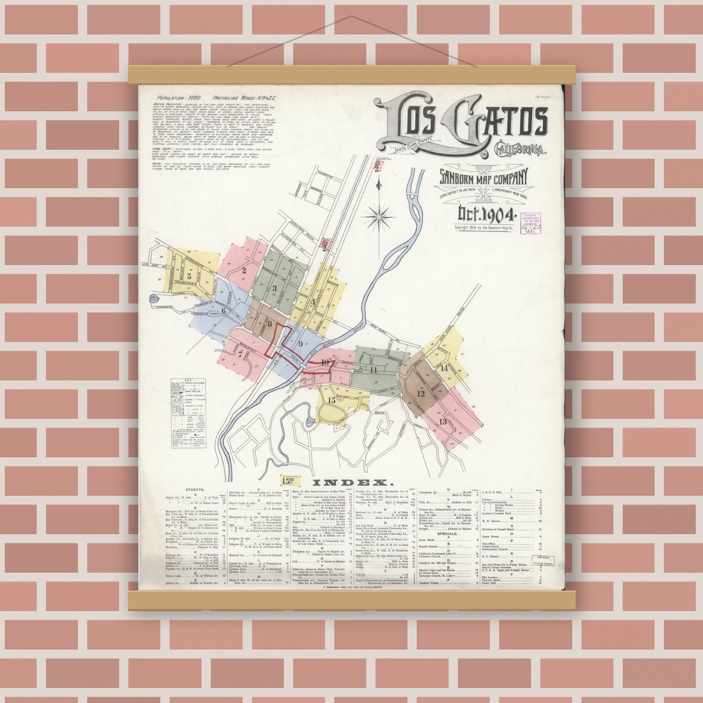 Old map wall art mockup — magnetic wood frame on brick wall — Sanborn Fire Insurance Map from Los Gatos, Santa Clara County, California (1904) - Complete Map Set