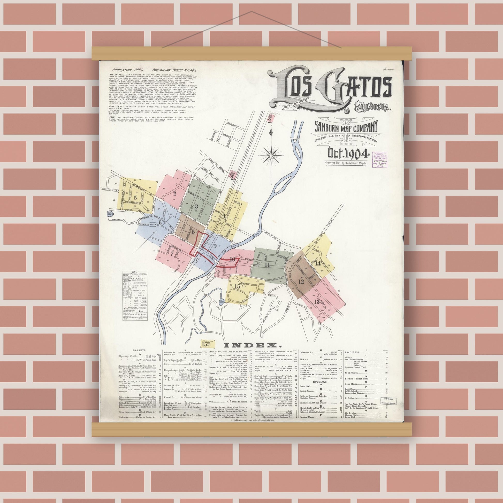 Old map wall art mockup — magnetic wood frame on brick wall — Sanborn Fire Insurance Map from Los Gatos, Santa Clara County, California (1904) - Complete Map Set