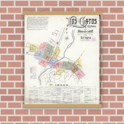 Old map wall art mockup — magnetic wood frame on brick wall — Sanborn Fire Insurance Map from Los Gatos, Santa Clara County, California (1904) - Complete Map Set