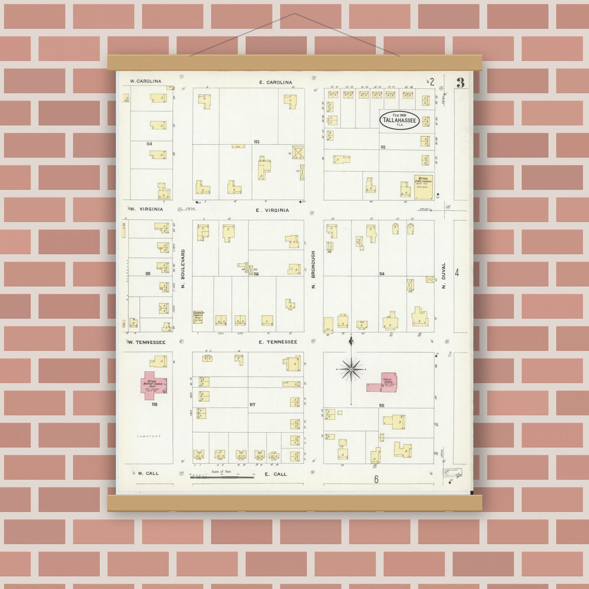 Old map wall art mockup — magnetic wood frame on brick wall — Sanborn Fire Insurance Map from Tallahassee, Leon County, Florida (1909), Sheet #0003