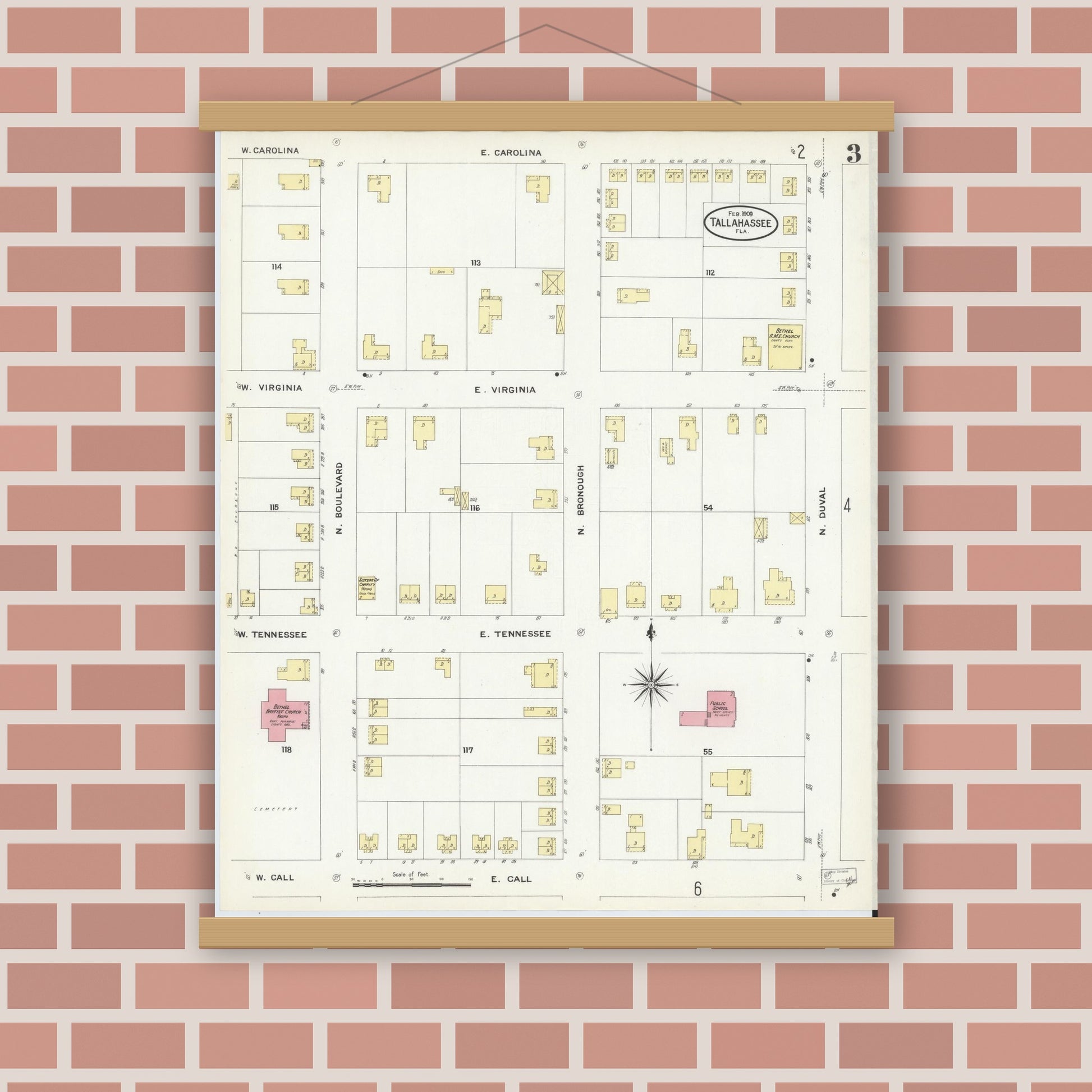Old map wall art mockup — magnetic wood frame on brick wall — Sanborn Fire Insurance Map from Tallahassee, Leon County, Florida (1909), Sheet #0003