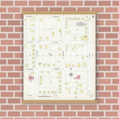 Old map wall art mockup — magnetic wood frame on brick wall — Sanborn Fire Insurance Map from Tallahassee, Leon County, Florida (1909), Sheet #0003