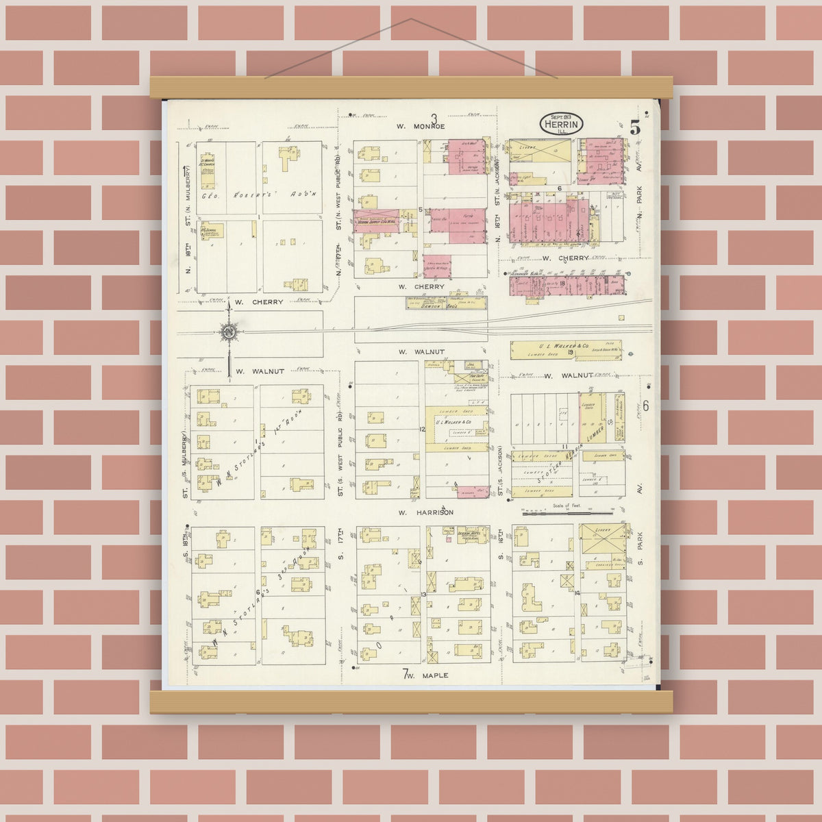 Old map wall art mockup — magnetic wood frame on brick wall — Sanborn Fire Insurance Map from Herrin, Williamson County, Illinois (1913), Sheet #0005