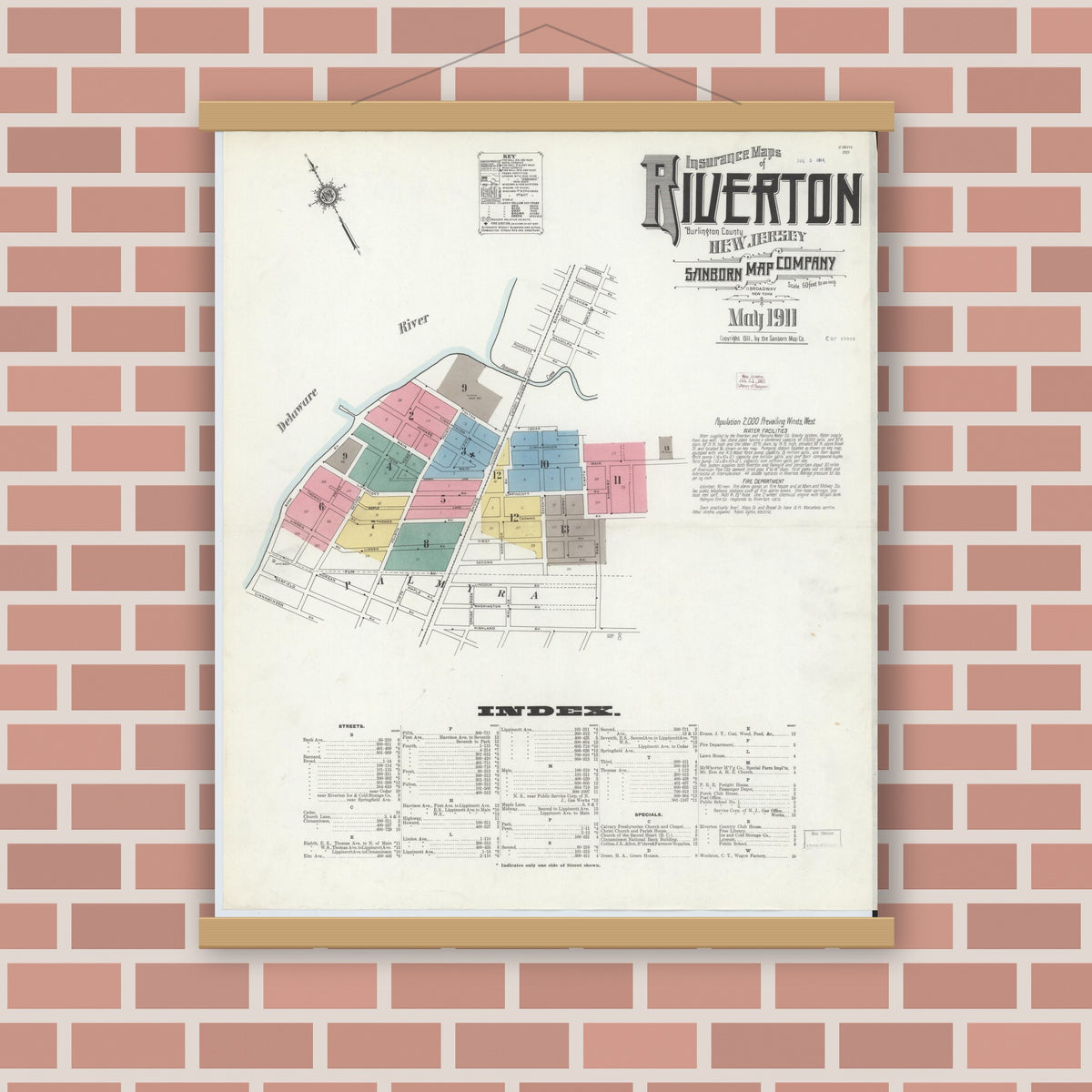 Old map wall art mockup — magnetic wood frame on brick wall — Sanborn Fire Insurance Map from Riverton, Burlington County, New Jersey (1911), Sheet #0001