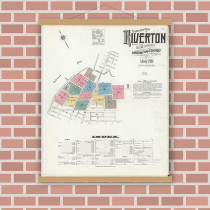 Old map wall art mockup — magnetic wood frame on brick wall — Sanborn Fire Insurance Map from Riverton, Burlington County, New Jersey (1911), Sheet #0001