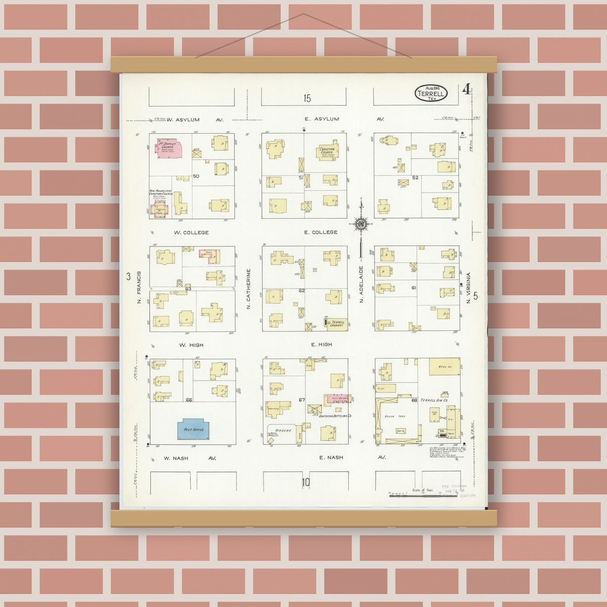 Old map wall art mockup — magnetic wood frame on brick wall — Sanborn Fire Insurance Map from Terrell, Kaufman County, Texas (1914), Sheet #0004