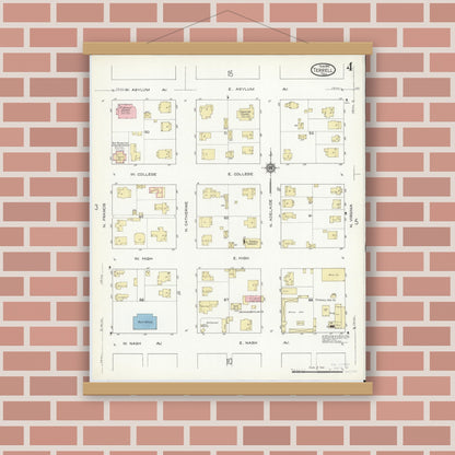 Old map wall art mockup — magnetic wood frame on brick wall — Sanborn Fire Insurance Map from Terrell, Kaufman County, Texas (1914), Sheet #0004