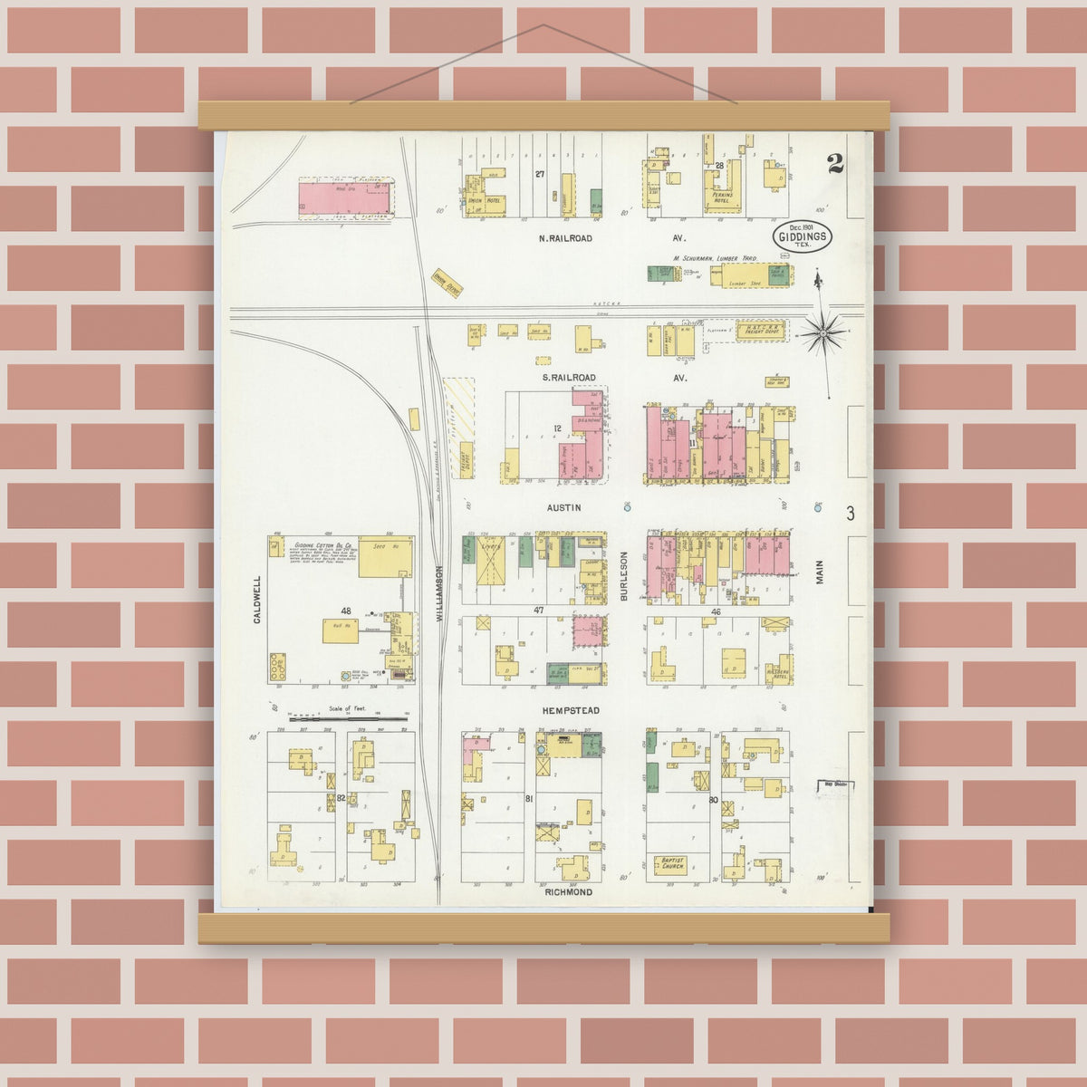 Old map wall art mockup — magnetic wood frame on brick wall — Sanborn Fire Insurance Map from Giddings, Lee County, Texas (1901), Sheet #0002