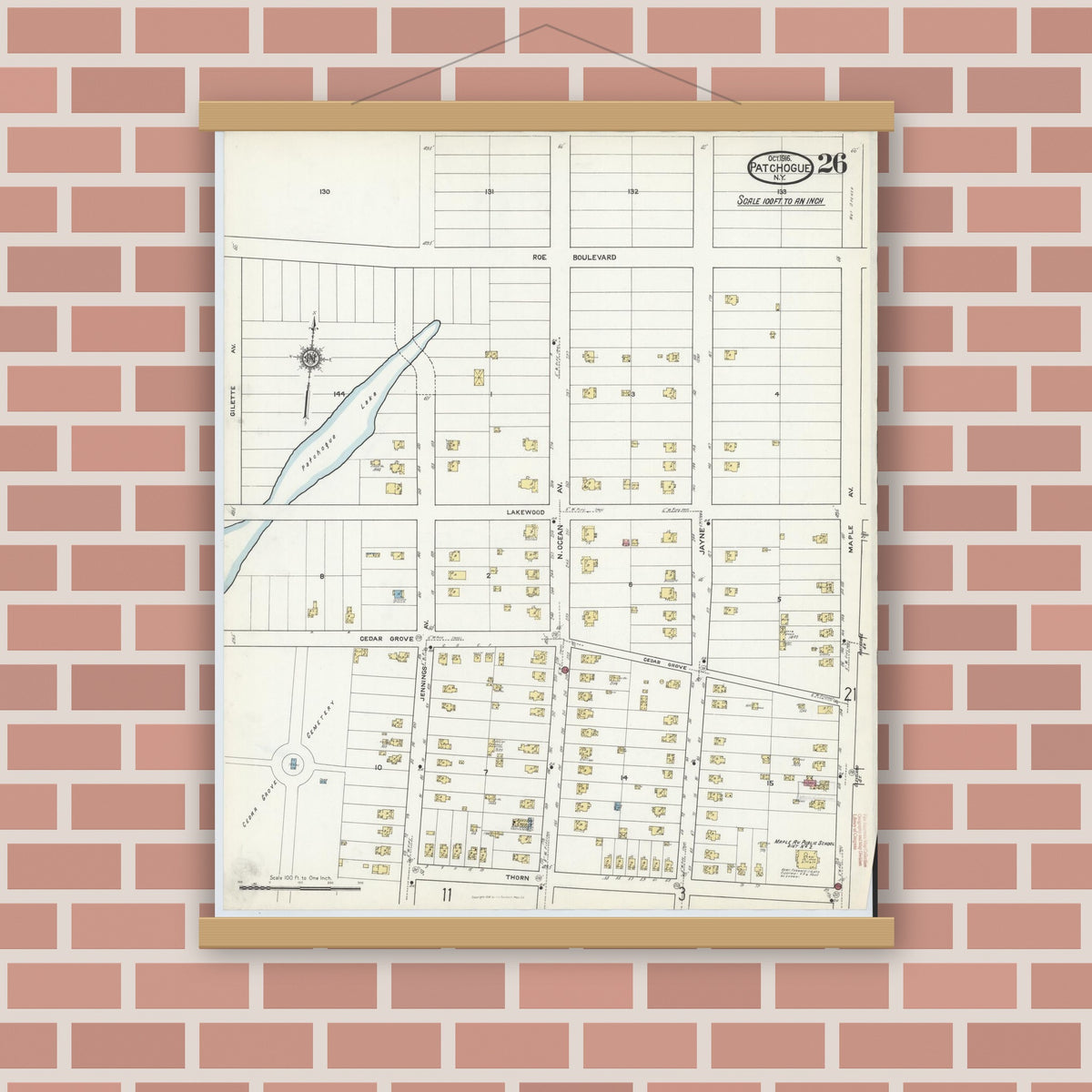 Old map wall art mockup — magnetic wood frame on brick wall — Sanborn Fire Insurance Map from Patchogue, Suffolk County, New York (1916), Sheet #0026