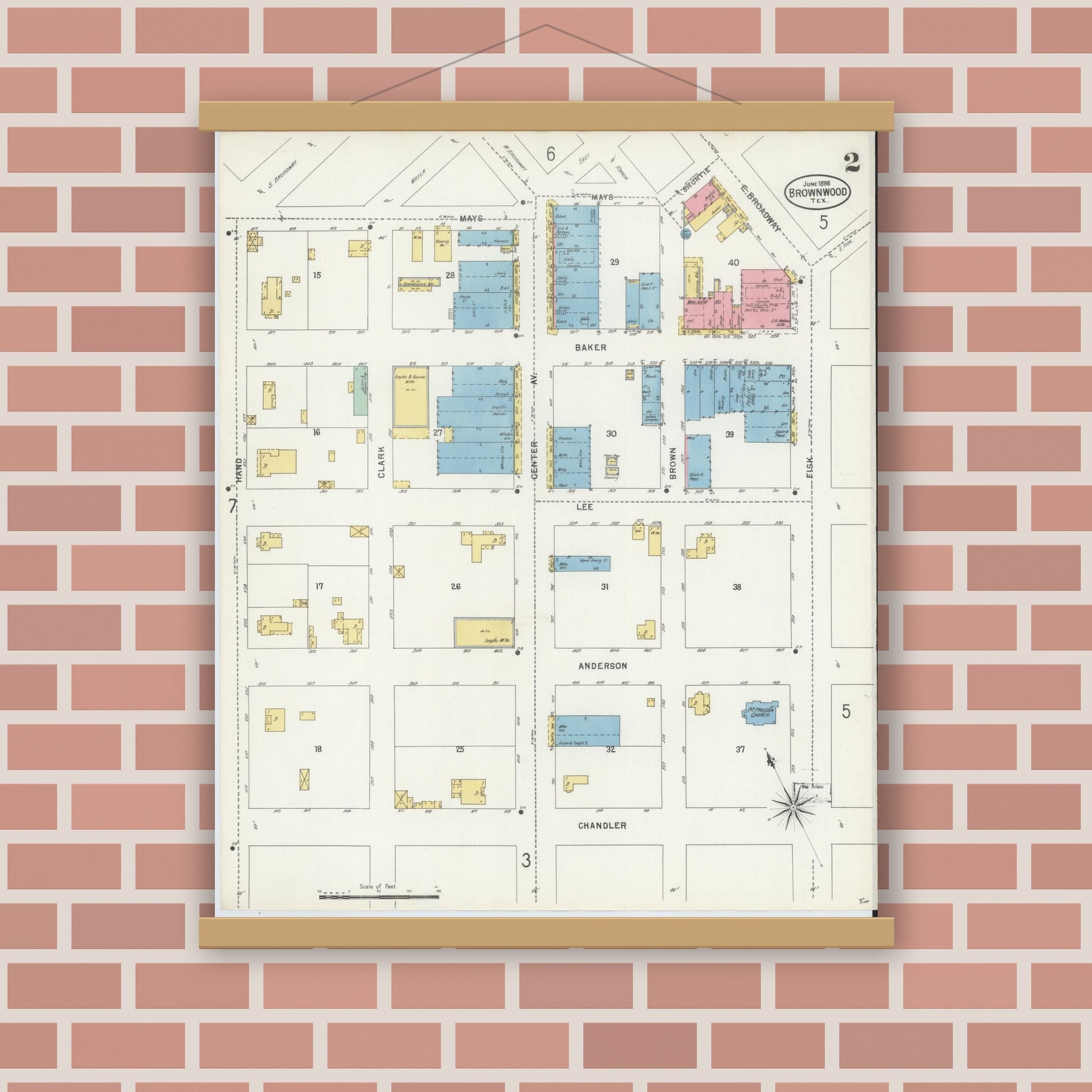 Old map wall art mockup — magnetic wood frame on brick wall — Sanborn Fire Insurance Map from Brownwood, Brown County, Texas (1898), Sheet #0002
