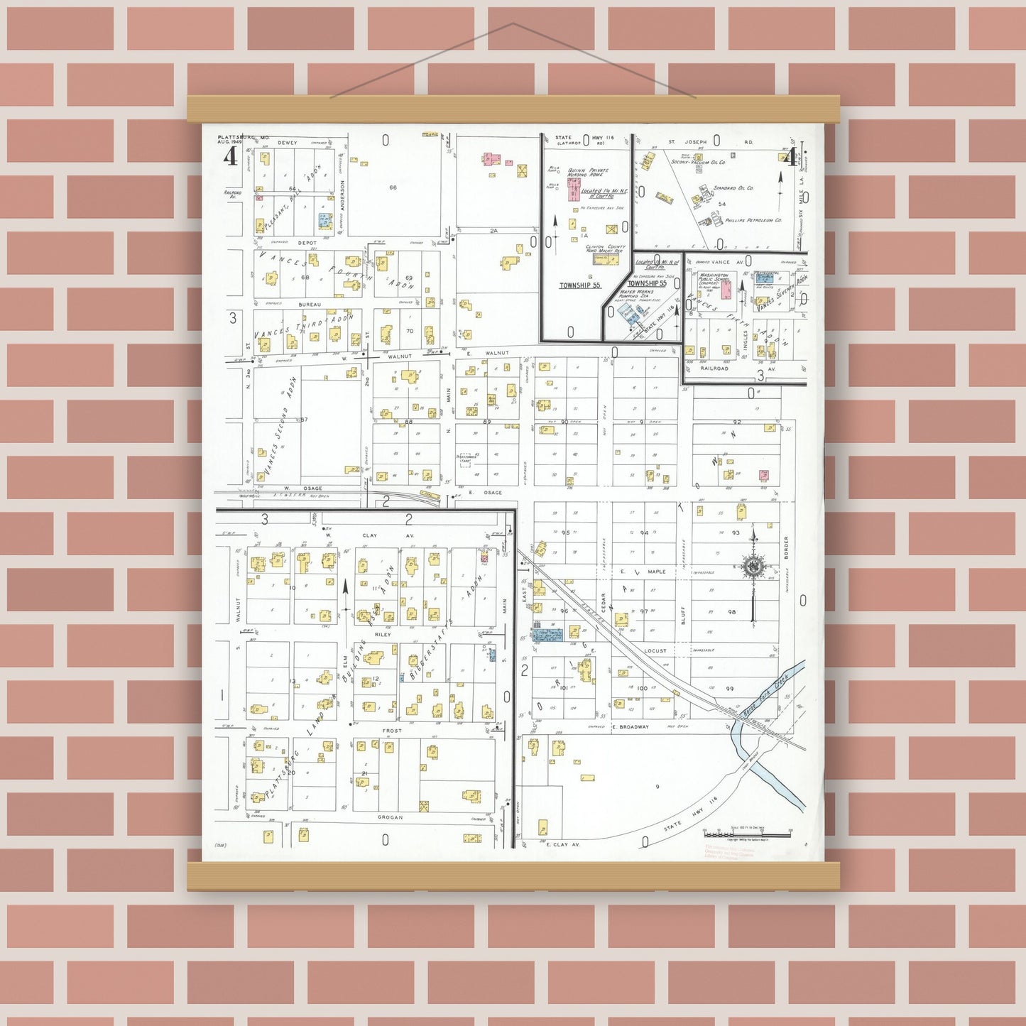 Old map wall art mockup — magnetic wood frame on brick wall — Sanborn Fire Insurance Map from Plattsburg, Clinton County, Missouri (1949), Sheet #0004