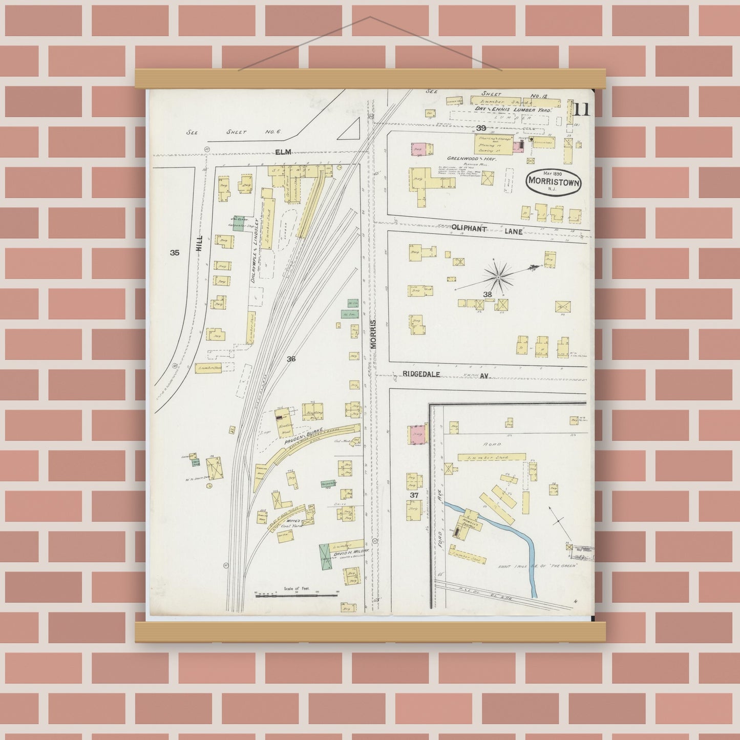 Old map wall art mockup — magnetic wood frame on brick wall — Sanborn Fire Insurance Map from Morristown, Morris County, New Jersey (1890), Sheet #0011