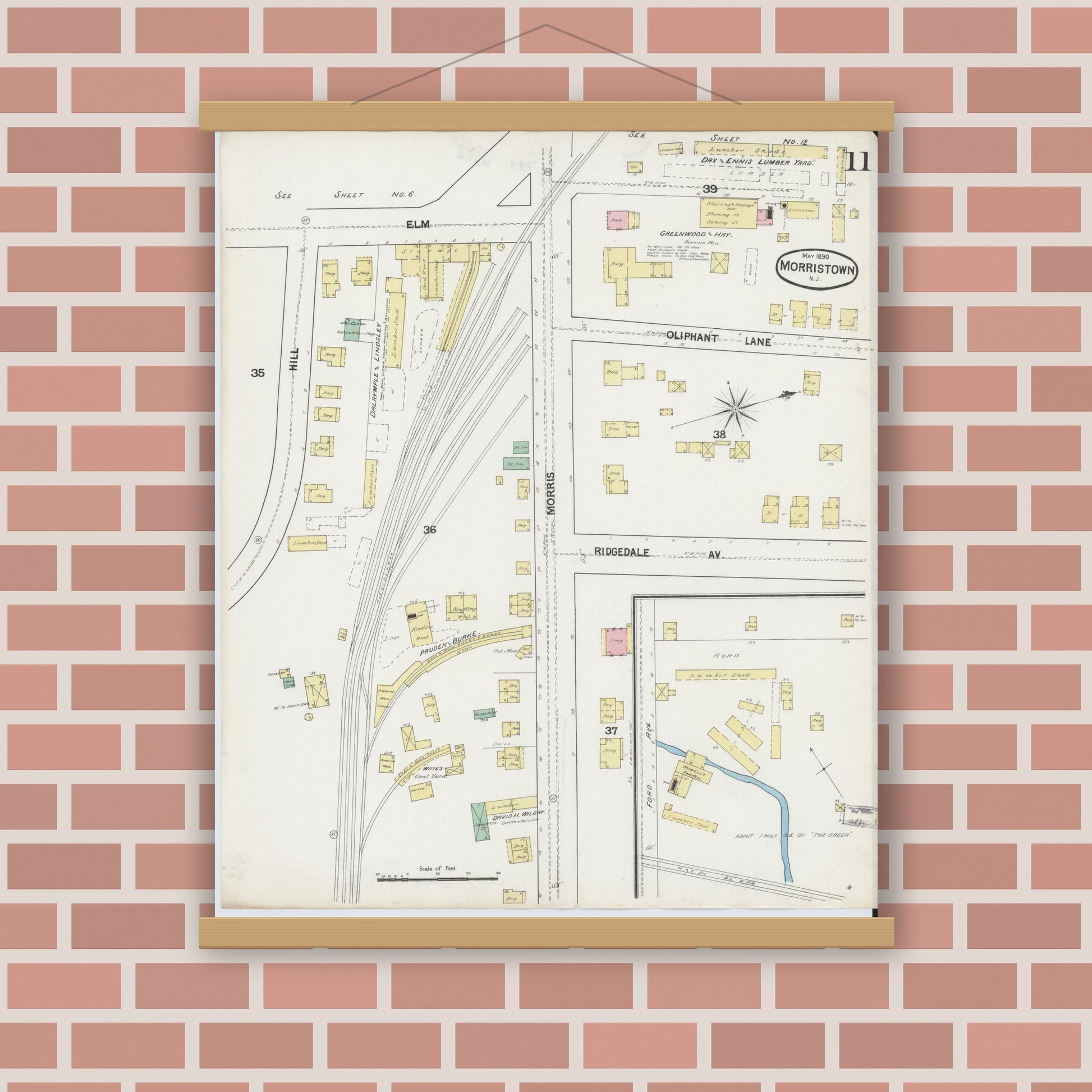 Old map wall art mockup — magnetic wood frame on brick wall — Sanborn Fire Insurance Map from Morristown, Morris County, New Jersey (1890), Sheet #0011
