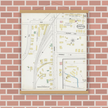 Old map wall art mockup — magnetic wood frame on brick wall — Sanborn Fire Insurance Map from Morristown, Morris County, New Jersey (1890), Sheet #0011