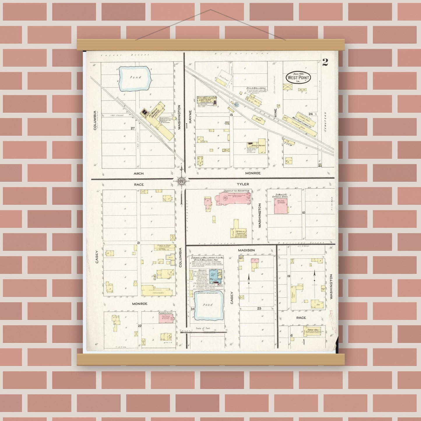 Old map wall art mockup — magnetic wood frame on brick wall — Sanborn Fire Insurance Map from West Point, Lee County, Iowa (1914), Sheet #0002