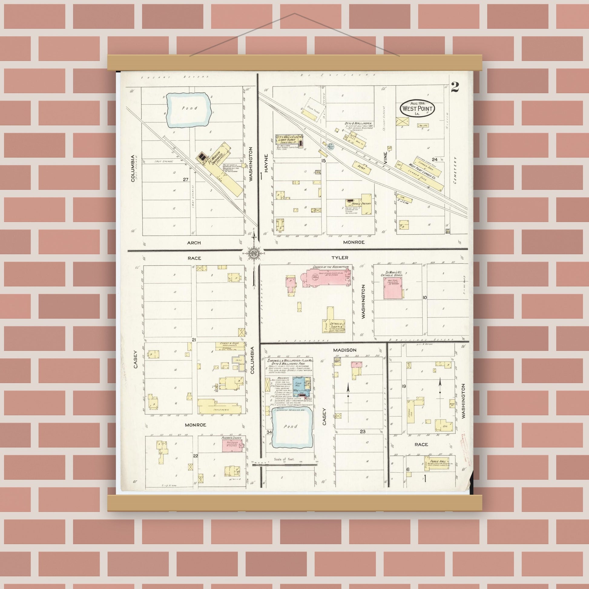 Old map wall art mockup — magnetic wood frame on brick wall — Sanborn Fire Insurance Map from West Point, Lee County, Iowa (1914), Sheet #0002