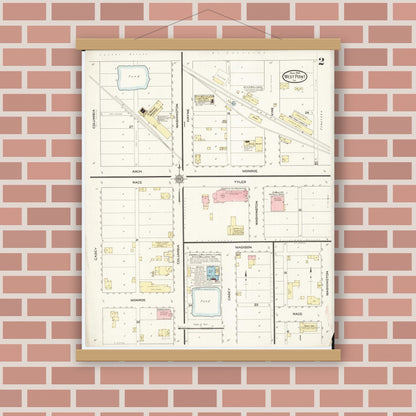 Old map wall art mockup — magnetic wood frame on brick wall — Sanborn Fire Insurance Map from West Point, Lee County, Iowa (1914), Sheet #0002