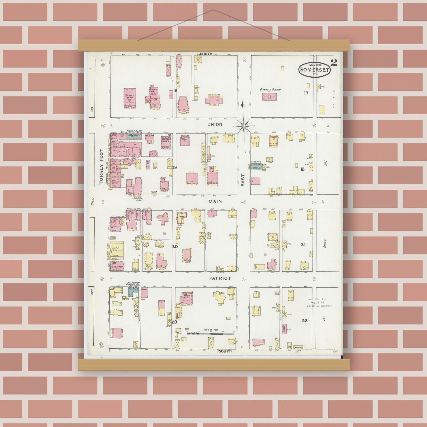 Old map wall art mockup — magnetic wood frame on brick wall — Sanborn Fire Insurance Map from Somerset, Somerset County, Pennsylvania (1892), Sheet #0002