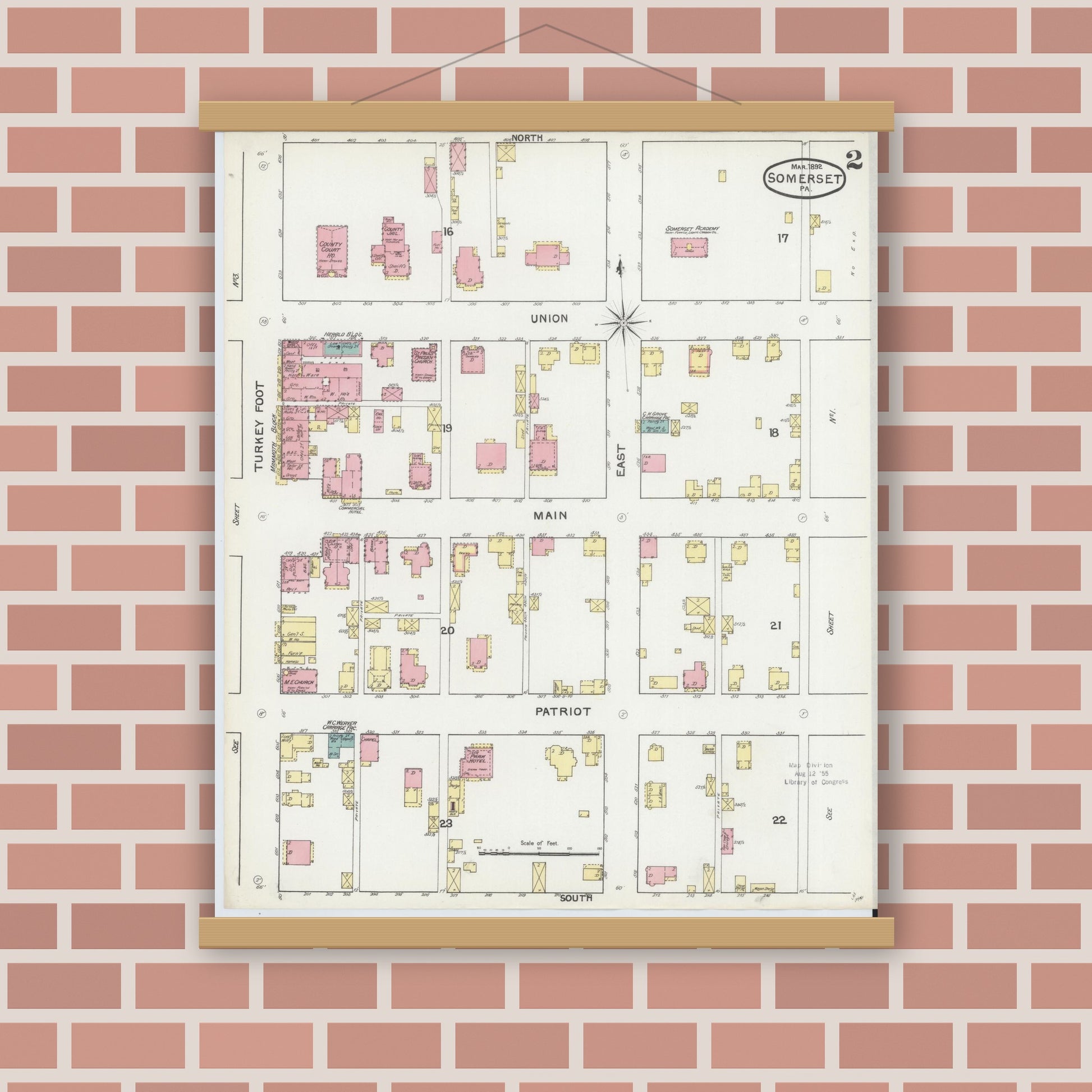 Old map wall art mockup — magnetic wood frame on brick wall — Sanborn Fire Insurance Map from Somerset, Somerset County, Pennsylvania (1892), Sheet #0002
