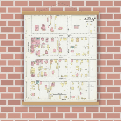 Old map wall art mockup — magnetic wood frame on brick wall — Sanborn Fire Insurance Map from Somerset, Somerset County, Pennsylvania (1892), Sheet #0002