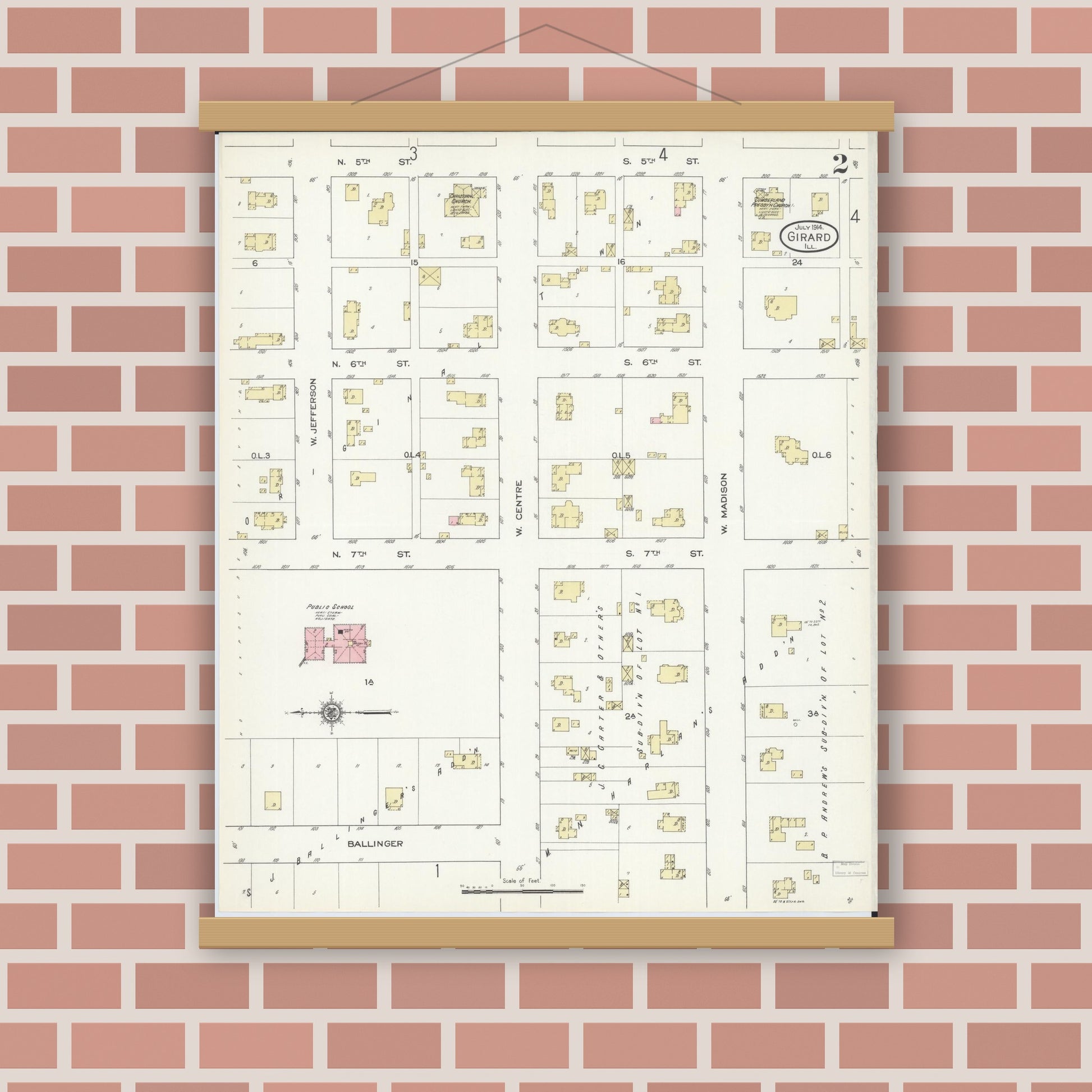 Old map wall art mockup — magnetic wood frame on brick wall — Sanborn Fire Insurance Map from Girard, Macoupin County, Illinois (1914), Sheet #0002