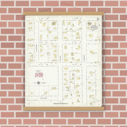 Old map wall art mockup — magnetic wood frame on brick wall — Sanborn Fire Insurance Map from Girard, Macoupin County, Illinois (1914), Sheet #0002