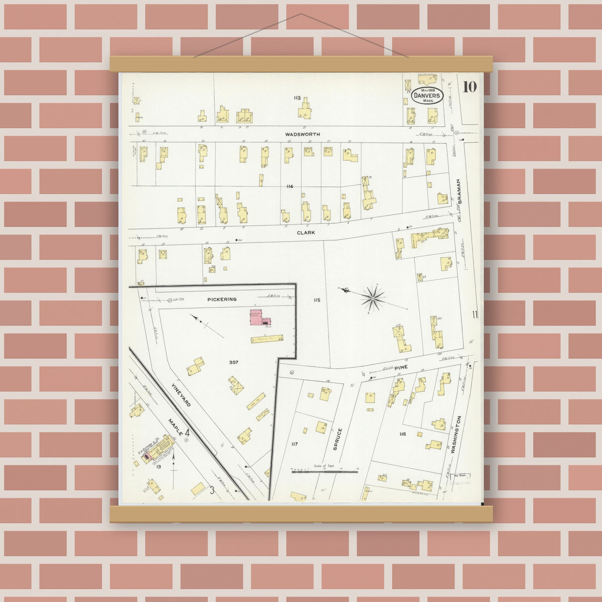 Old map wall art mockup — magnetic wood frame on brick wall — Sanborn Fire Insurance Map from Danvers, Essex County, Massachusetts (1909), Sheet #0010