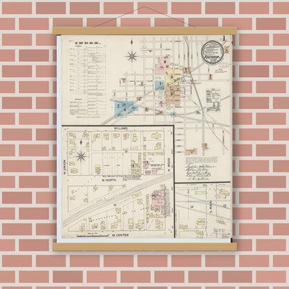 Old map wall art mockup — magnetic wood frame on brick wall — Sanborn Fire Insurance Map from Fostoria, Seneca, Hancock, And Wood Counties, Ohio (1887), Sheet #0001