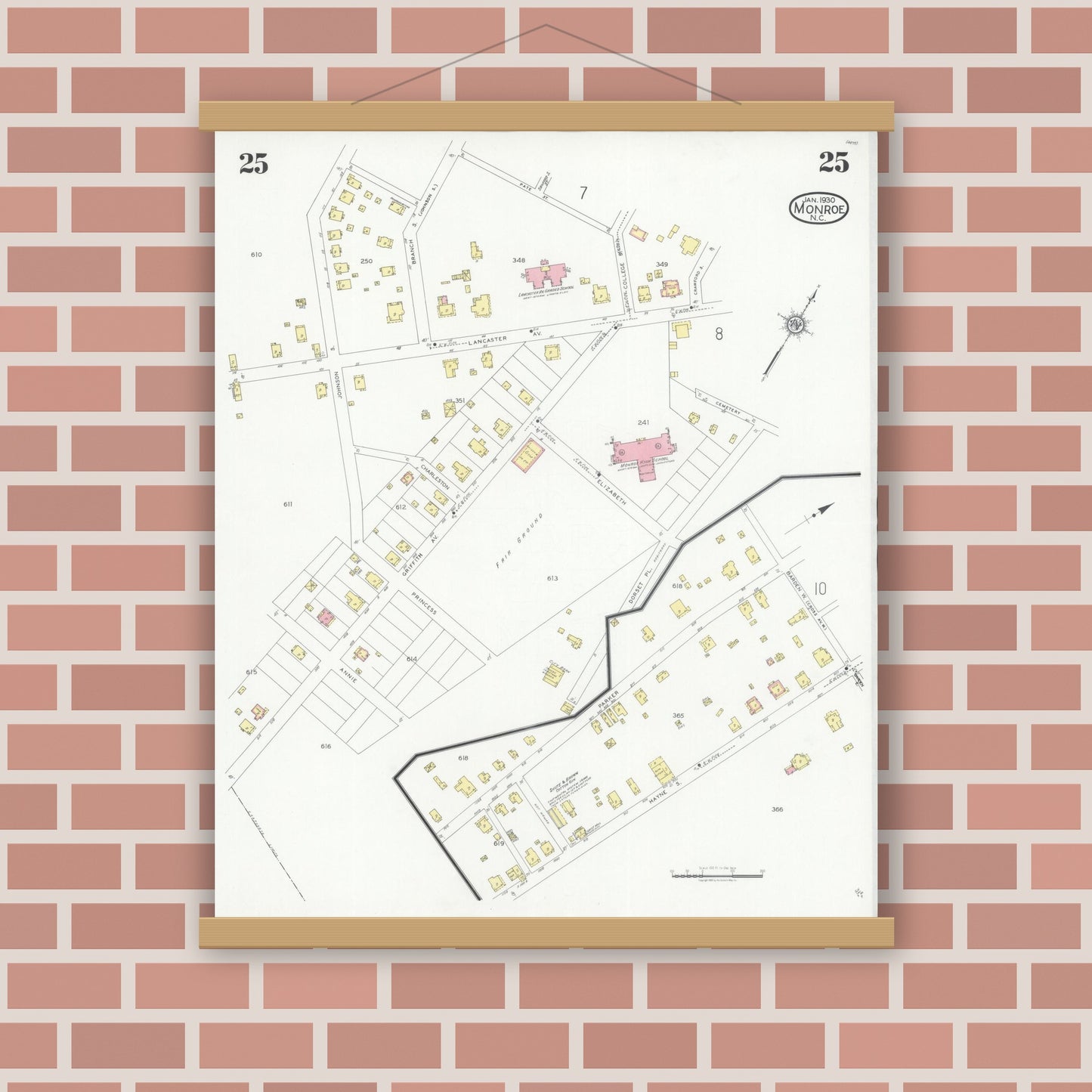 Old map wall art mockup — magnetic wood frame on brick wall — Sanborn Fire Insurance Map from Monroe, Union County, North Carolina (1930), Sheet #0025