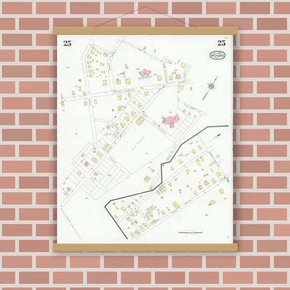 Old map wall art mockup — magnetic wood frame on brick wall — Sanborn Fire Insurance Map from Monroe, Union County, North Carolina (1930), Sheet #0025