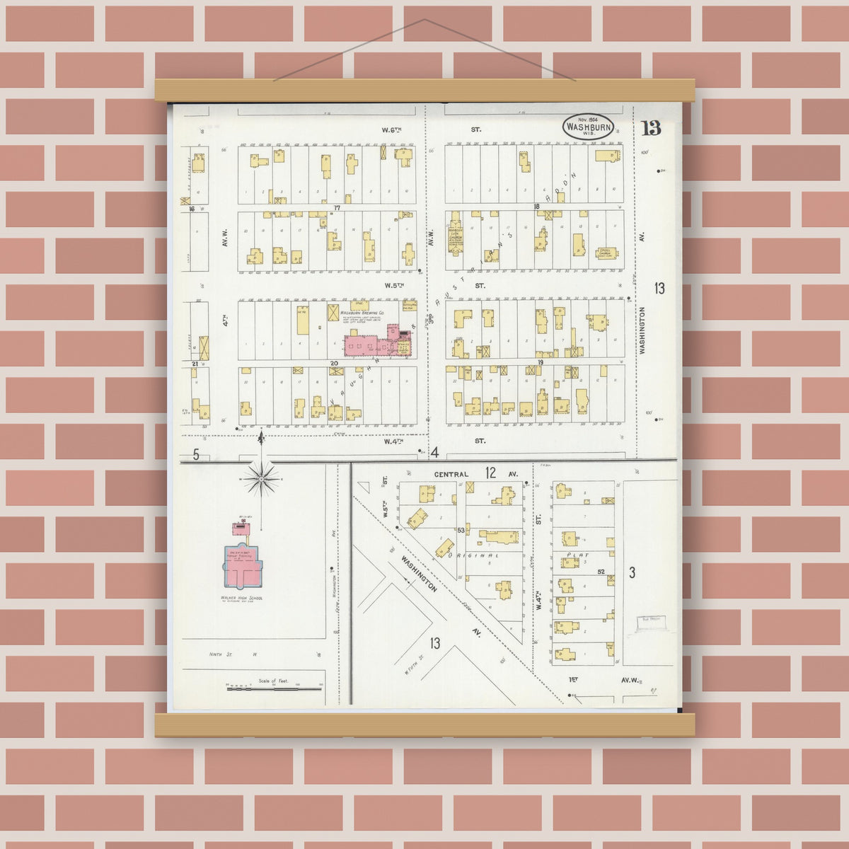 Old map wall art mockup — magnetic wood frame on brick wall — Sanborn Fire Insurance Map from Washburn, Bayfield County, Wisconsin (1904), Sheet #0013