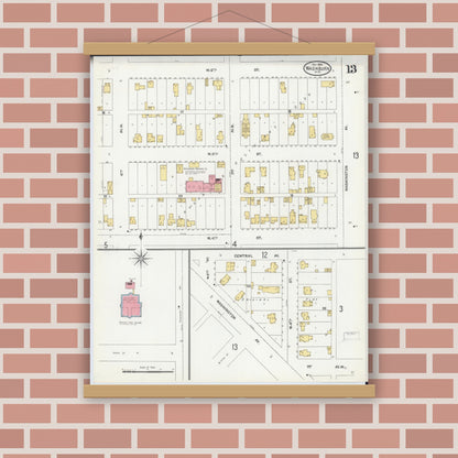 Old map wall art mockup — magnetic wood frame on brick wall — Sanborn Fire Insurance Map from Washburn, Bayfield County, Wisconsin (1904), Sheet #0013