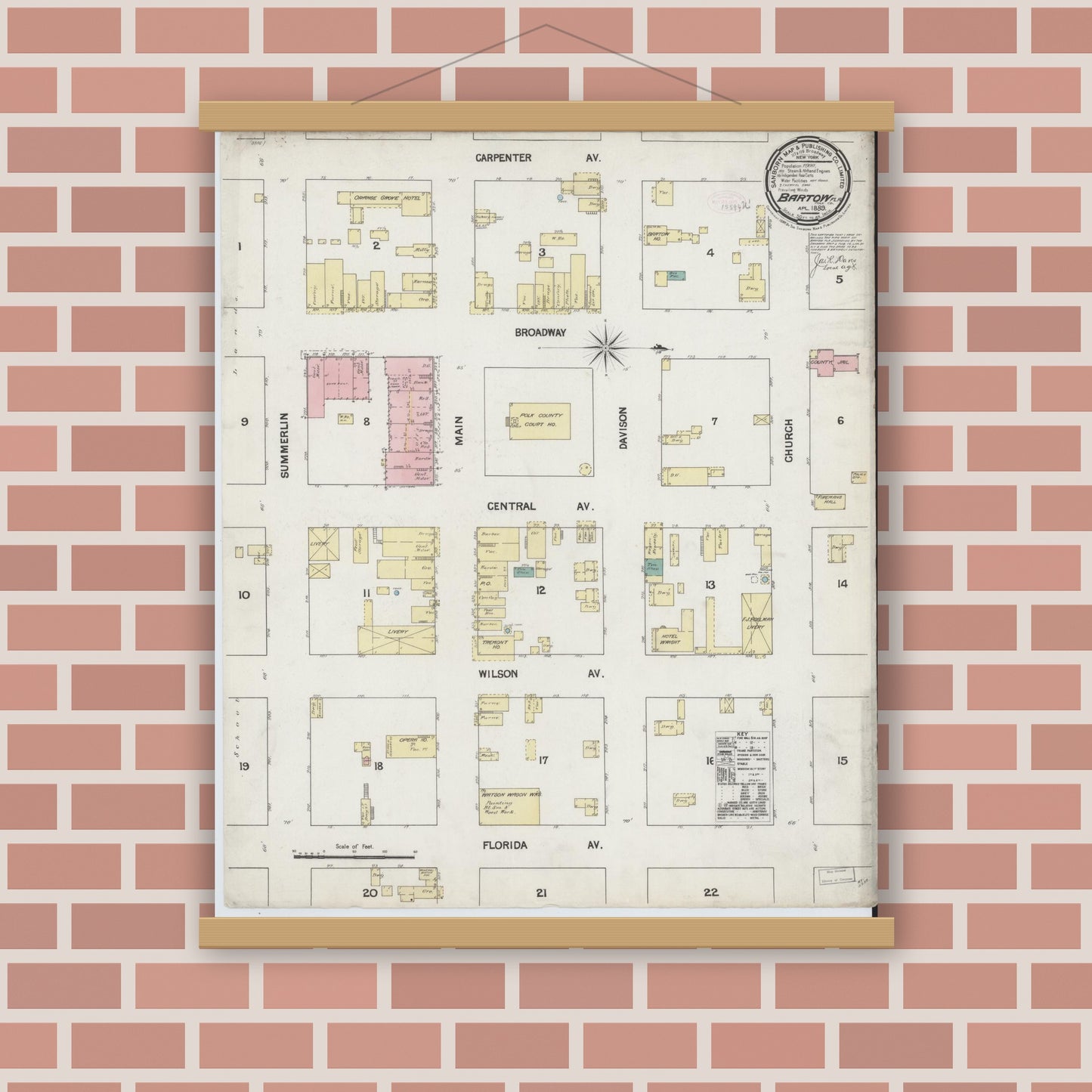 Old map wall art mockup — magnetic wood frame on brick wall — Sanborn Fire Insurance Map from Bartow, Polk County, Florida (1889), Sheet #0001