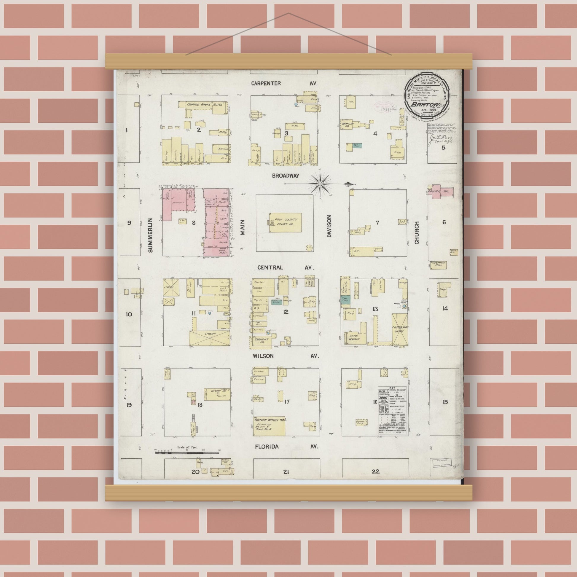 Old map wall art mockup — magnetic wood frame on brick wall — Sanborn Fire Insurance Map from Bartow, Polk County, Florida (1889), Sheet #0001