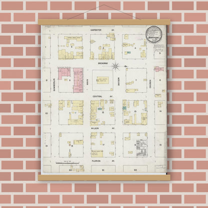 Old map wall art mockup — magnetic wood frame on brick wall — Sanborn Fire Insurance Map from Bartow, Polk County, Florida (1889), Sheet #0001