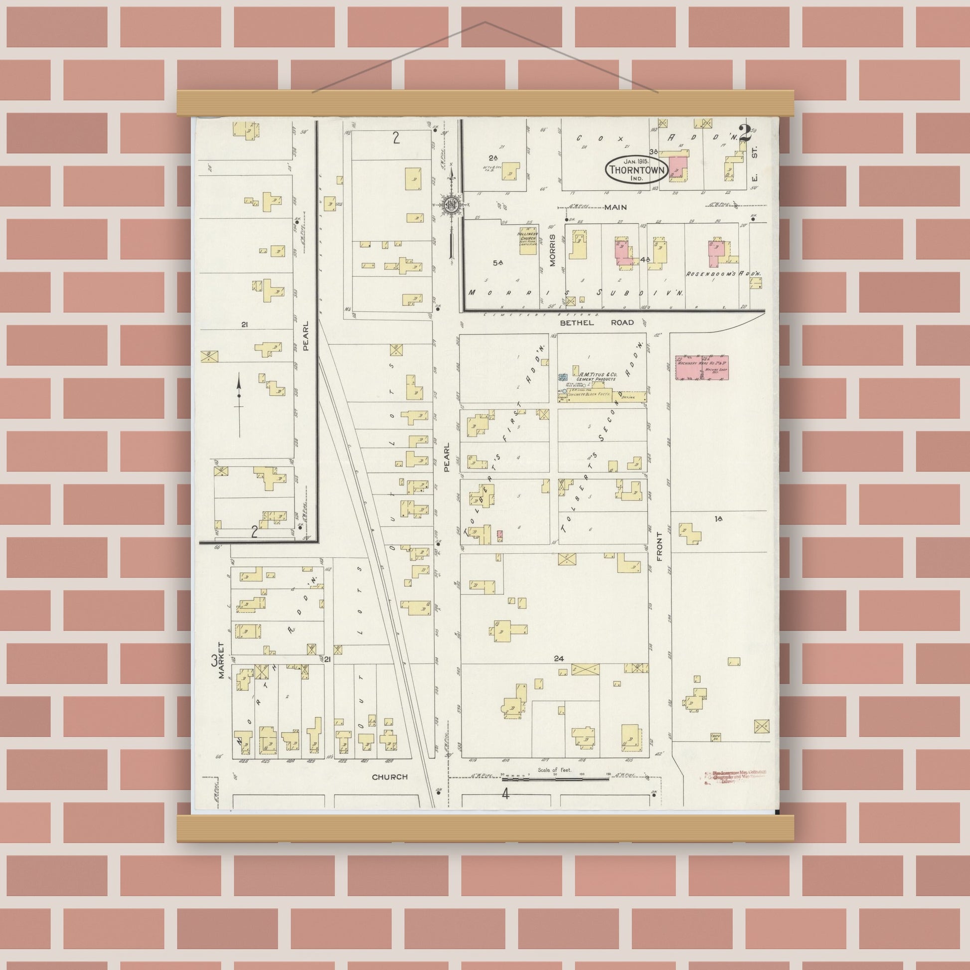 Old map wall art mockup — magnetic wood frame on brick wall — Sanborn Fire Insurance Map from Thorntown, Boone County, Indiana (1915), Sheet #0002