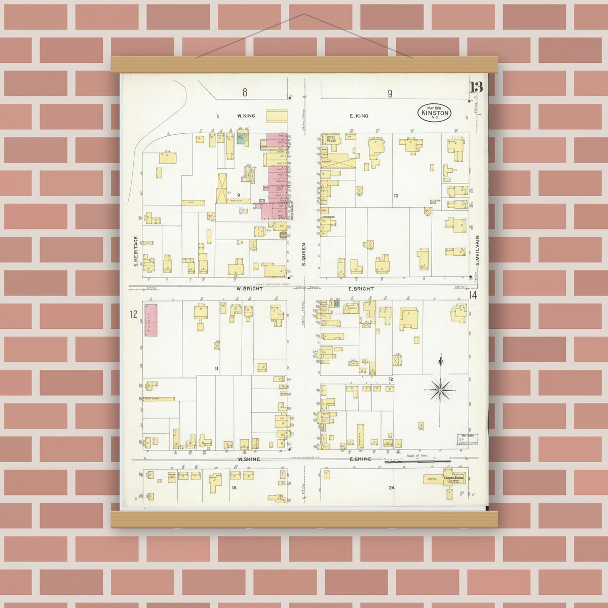 Old map wall art mockup — magnetic wood frame on brick wall — Sanborn Fire Insurance Map from Kinston, Lenoir County, North Carolina (1908), Sheet #0013