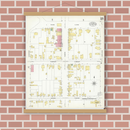 Old map wall art mockup — magnetic wood frame on brick wall — Sanborn Fire Insurance Map from Kinston, Lenoir County, North Carolina (1908), Sheet #0013