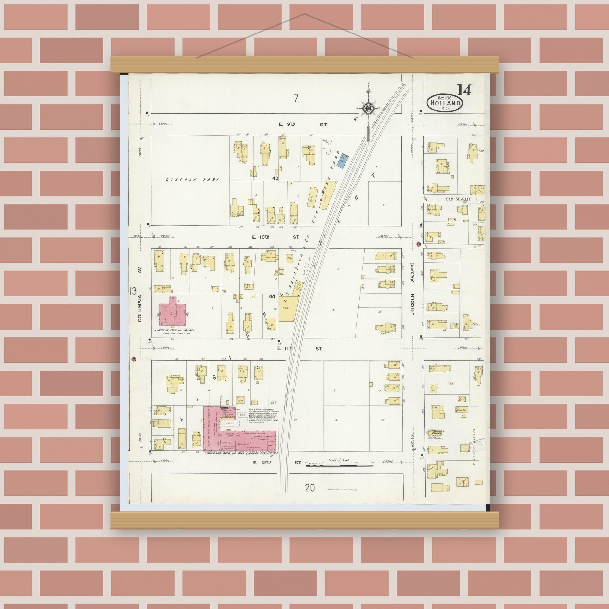 Old map wall art mockup — magnetic wood frame on brick wall — Sanborn Fire Insurance Map from Holland, Ottawa County, Michigan (1916), Sheet #0014