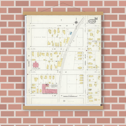 Old map wall art mockup — magnetic wood frame on brick wall — Sanborn Fire Insurance Map from Holland, Ottawa County, Michigan (1916), Sheet #0014
