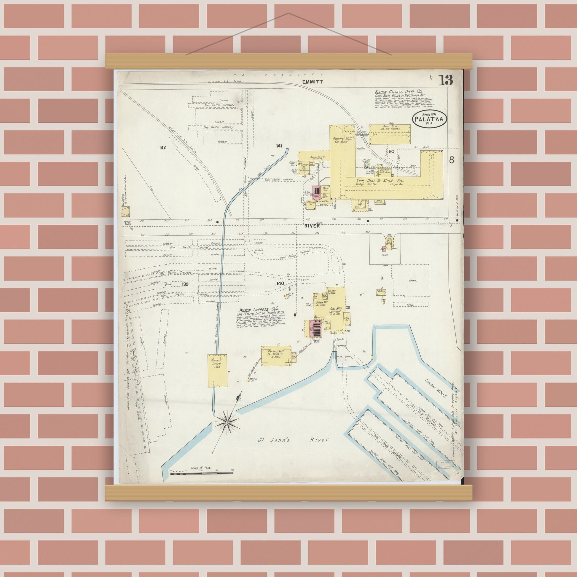 Old map wall art mockup — magnetic wood frame on brick wall — Sanborn Fire Insurance Map from Palatka, Putnam County, Florida (1897), Sheet #0013