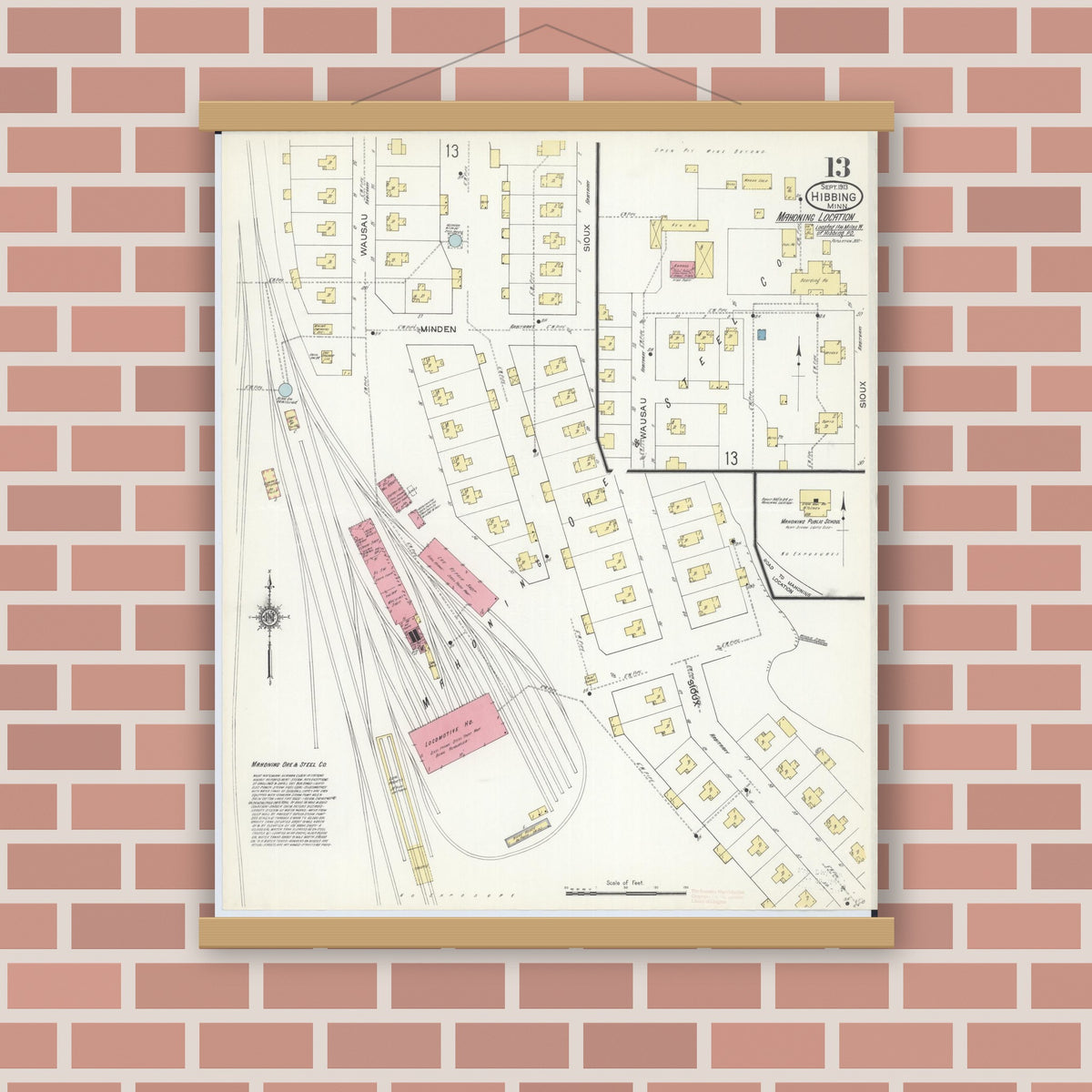 Old map wall art mockup — magnetic wood frame on brick wall — Sanborn Fire Insurance Map from Hibbing, Saint Louis County, Minnesota (1913), Sheet #0013