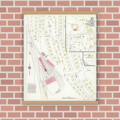 Old map wall art mockup — magnetic wood frame on brick wall — Sanborn Fire Insurance Map from Hibbing, Saint Louis County, Minnesota (1913), Sheet #0013