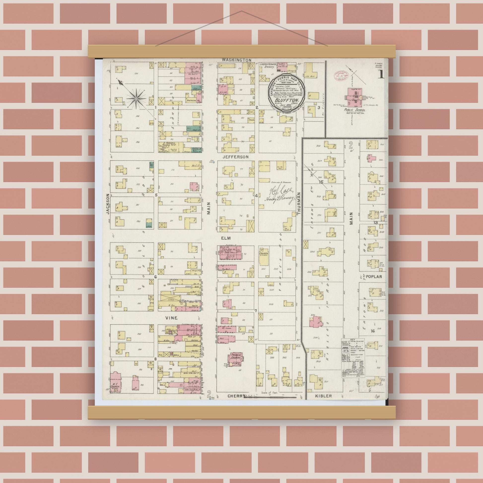 Old map wall art mockup — magnetic wood frame on brick wall — Sanborn Fire Insurance Map from Bluffton, Allen County, Ohio (1895) - Complete Map Set