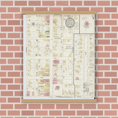 Old map wall art mockup — magnetic wood frame on brick wall — Sanborn Fire Insurance Map from Bluffton, Allen County, Ohio (1895) - Complete Map Set