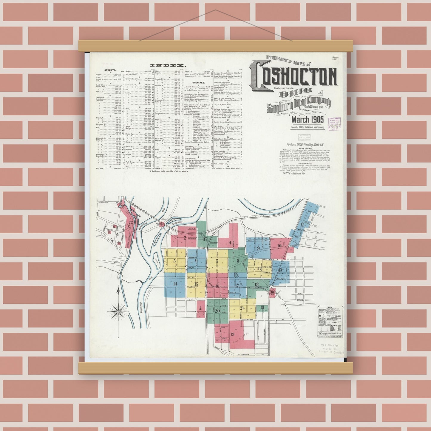 Old map wall art mockup — magnetic wood frame on brick wall — Sanborn Fire Insurance Map from Coshocton, Coshocton County, Ohio (1905), Sheet #0001
