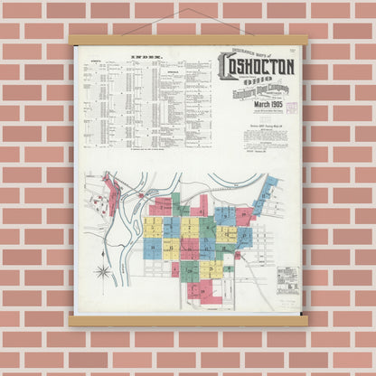 Old map wall art mockup — magnetic wood frame on brick wall — Sanborn Fire Insurance Map from Coshocton, Coshocton County, Ohio (1905), Sheet #0001